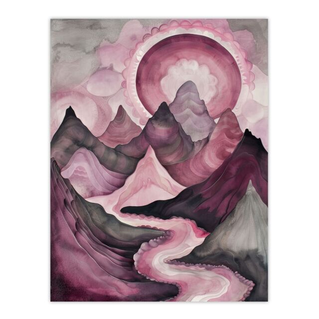 "Artery8 Purple Fantasy Mountain Path Sunset Watercolour Wall Art Print in Pink - Size: W18"" x H24""" - image 1