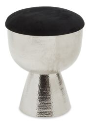 Orsina Chrome & Black Stool with Velvet Seat, Hammered Details Makeup Stool, Contemporary Ottoman Footstool in Silver