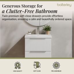 Balterley Fluted Wall Hung 2 Drawer Vanity Basin Unit & Basin 500mm, Satin White - thumbnail 3