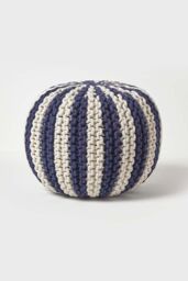Homescapes Knitted Pouffe Striped Footstool 35 x 40 cm in Navy