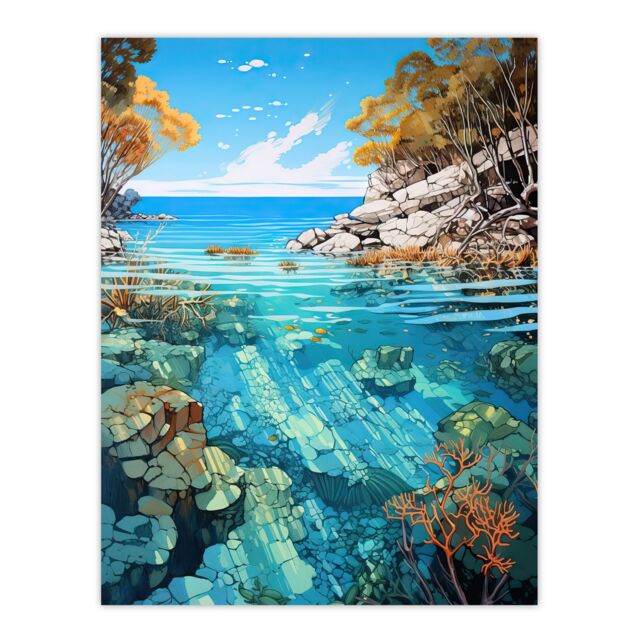 "Artery8 Serene Coral Reef Bay Artwork Scenic Turquoise Seascape Large Wall Unframed Art Poster Print Thick Paper 18X24 Inch - Size: W18"" x H24""" - image 1