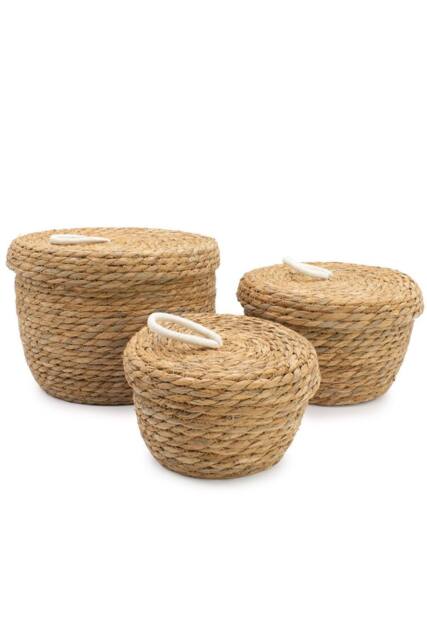 KDMD Seagrass & Cotton Round Baskets with Lids Set of 3 Natural in Brown - image 1