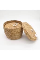 KDMD Seagrass & Cotton Round Baskets with Lids Set of 3 Natural in Brown - thumbnail 6