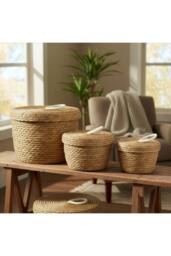 KDMD Seagrass & Cotton Round Baskets with Lids Set of 3 Natural in Brown - thumbnail 8