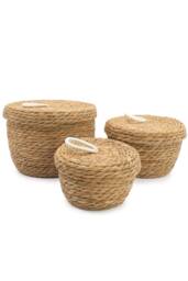 KDMD Seagrass & Cotton Round Baskets with Lids Set of 3 Natural in Brown