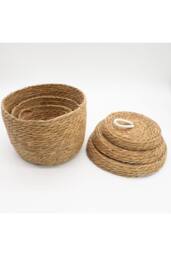KDMD Seagrass & Cotton Round Baskets with Lids Set of 3 Natural in Brown - thumbnail 2