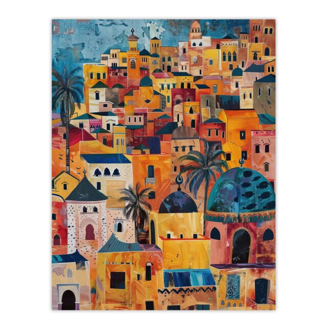 "Artery8 Moroccan Cityscape Artwork Colourful Exotic Ochre Wall Art Print in Orange - Size: W24"" x H32""" - image 1