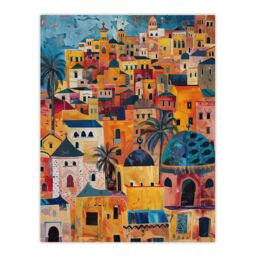 "Artery8 Moroccan Cityscape Artwork Colourful Exotic Ochre Wall Art Print in Orange - Size: W24"" x H32""" - thumbnail 1