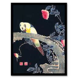 Artery8 Parrot Rose Flower Bush Japanese Vintage Framed Wall Art Print Jakuchu - Size: A4 - thumbnail 1