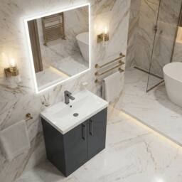 Balterley Contemporary Floor 2-Door Vanity & Mid-Edge Basin, Dark Grey, 600 mm in Grey - thumbnail 4