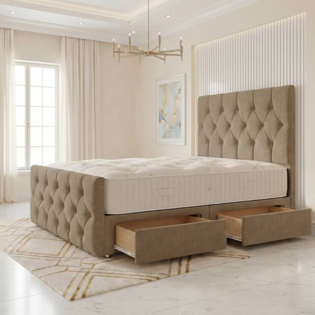 "Somnior Ziggy Linen Divan Bed Mattress 2 Draw 54"" Headboard & 22"" Footboard in Brown - Size: King" - image 1