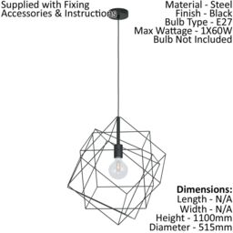 Loops Hanging Ceiling Pendant Light Black Steel Cube Frame 1x E27 Geometric Lamp - thumbnail 2