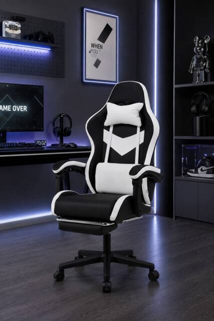 Living and Home High Back Gaming Chair with Massage Lumbar Support & Footrest in Black - image 1