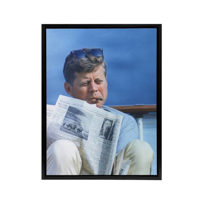 "Artery8 President John F Kennedy Cigar & Newspaper Framed Canvas Wall Art Print in Blue - Size: W18"" x H24""" - image 1