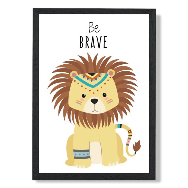 ARTZE Be Brave Lion Tribal Animal Quote Framed Print SIZE: A4 with Black Frame in Yellow - image 1