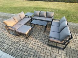 Fimous Aluminium 10 Seater Outdoor Garden Furniture Set Lounge Sofa Oblong Coffee Table Big Footstool Side Table Sets in Dark Grey - thumbnail 2