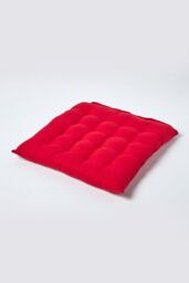 Homescapes Seat Pad Luxury 100% Cotton Indoor Outdoor Garden Cushion, Button Tie, 40cm in Red