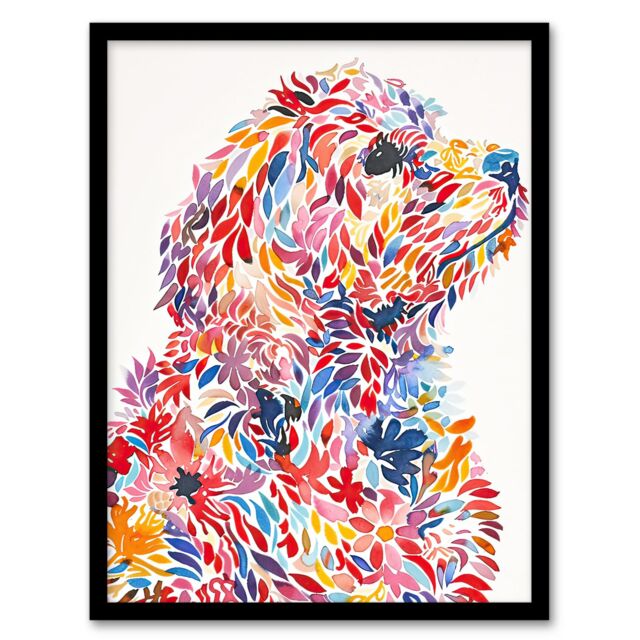 Artery8 Colourful Floral Labradoodle Dog Lover Design Framed Wall Art - Size: A4 - image 1