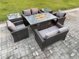 Fimous Wicker PE Rattan Garden Furniture Sets Patio Outdoor Gas Firepit Dining Table Heater Set with Double Seat Sofa in Dark Grey - thumbnail 2