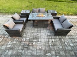 Fimous Wicker PE Rattan Garden Furniture Sets Patio Outdoor Gas Firepit Dining Table Heater Set with Double Seat Sofa in Dark Grey - thumbnail 1