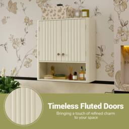 Costway Fluted Bathroom Wall Cabinet Wooden Medicine Cabinet w/2 Doors &Shelf in Beige - thumbnail 9