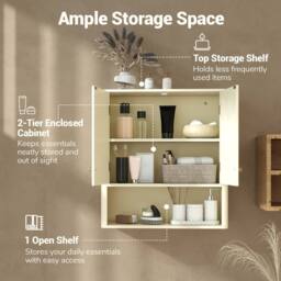 Costway Fluted Bathroom Wall Cabinet Wooden Medicine Cabinet w/2 Doors &Shelf in Beige - thumbnail 7