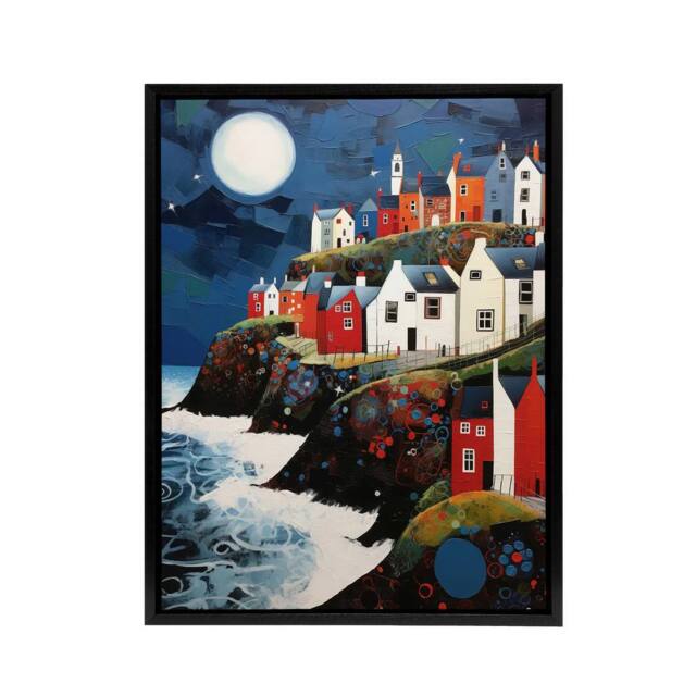 "Artery8 Seaside Cliff Village Houses Folk Art Framed Canvas Wall Art Print in Blue - Size: W12"" x H16""" - image 1