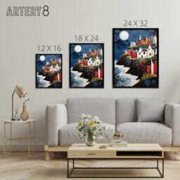 "Artery8 Seaside Cliff Village Houses Folk Art Framed Canvas Wall Art Print in Blue - Size: W12"" x H16""" - thumbnail 4