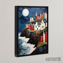 "Artery8 Seaside Cliff Village Houses Folk Art Framed Canvas Wall Art Print in Blue - Size: W12"" x H16""" - thumbnail 2