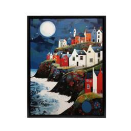 "Artery8 Seaside Cliff Village Houses Folk Art Framed Canvas Wall Art Print in Blue - Size: W12"" x H16""" - thumbnail 1