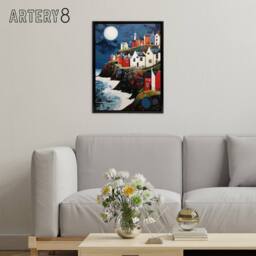 "Artery8 Seaside Cliff Village Houses Folk Art Framed Canvas Wall Art Print in Blue - Size: W12"" x H16""" - thumbnail 3