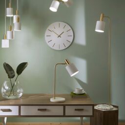 Ruma Tall Minimalist White Floor Lamp with Marble Foot & Gold Detail - thumbnail 6