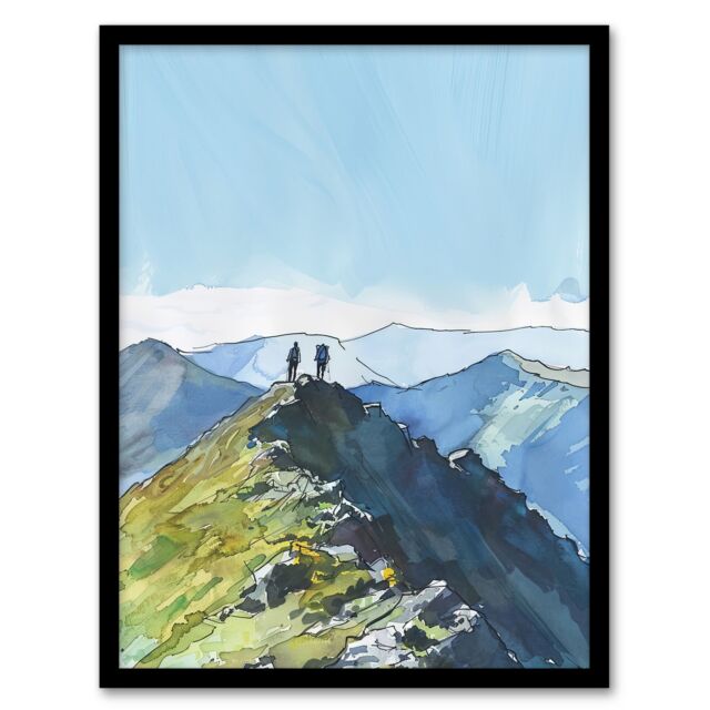 "Artery8 Hikers on Helvellyn Mountain Ridge Landscape Framed Wall Art in Blue - Size: W12"" x H16""" - image 1