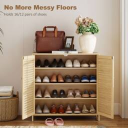 HOMCOM Bamboo Shoe Cabinet with Louvered Doors 14 Pairs Shoe Storage Cabinet in Natural - Size: Small - thumbnail 4
