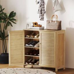 HOMCOM Bamboo Shoe Cabinet with Louvered Doors 14 Pairs Shoe Storage Cabinet in Natural - Size: Small
