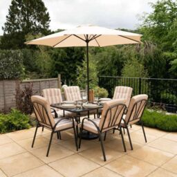 Hectare 6 Seater Dining Set with Reversible Cushions & Parasol in Beige - thumbnail 1