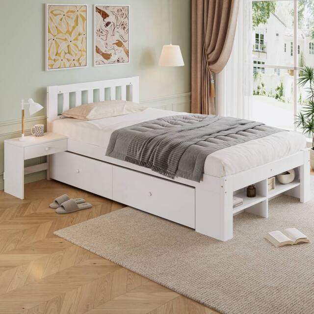 Merax White 3ft Single Storage Bed Frame with Drawers & Bedside Table - image 1