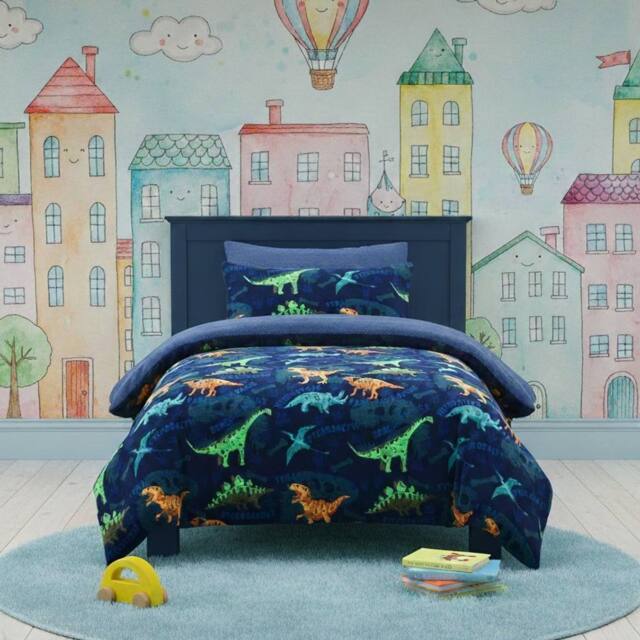 Snug City Dinosaur Kids Teddy Duvet Cover Set Ultra Soft Bedding with Pillowcase in Blue - Size: Single - image 1