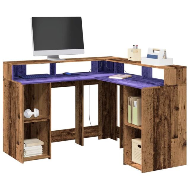 Berkfield Home Desk with LED Lights Old Wood 130x130x91 cm Engineered Wood in Brown - Size: 130 x 130 x 91 cm - image 1