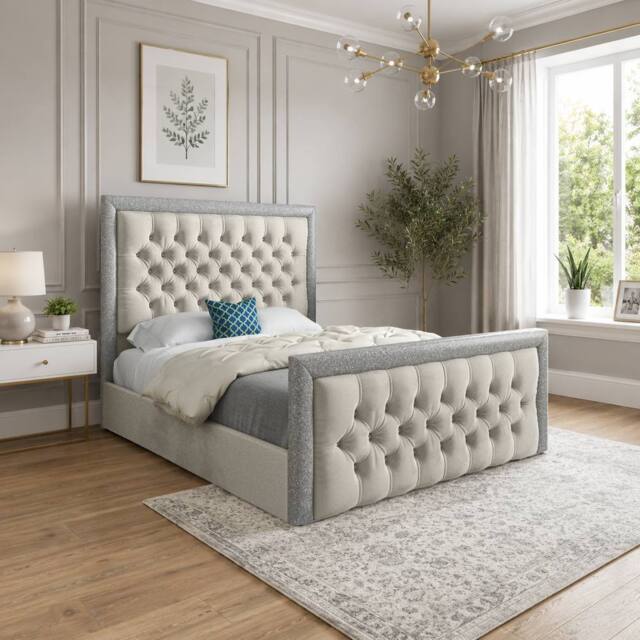 Casani Thorne Glitter Border Upholstered Beige Soft Velvet Designer Bed Frame in Cream - Size: Small Double - image 1