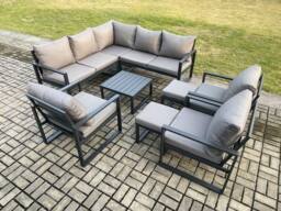 Fimous 10 Seater Outdoor Aluminium Garden Furniture Set Corner Lounge Sofa Set with Square Coffee Table Chair 2 Small Footstools Dark Grey - thumbnail 2
