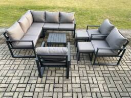 Fimous 10 Seater Outdoor Aluminium Garden Furniture Set Corner Lounge Sofa Set with Square Coffee Table Chair 2 Small Footstools Dark Grey - thumbnail 1
