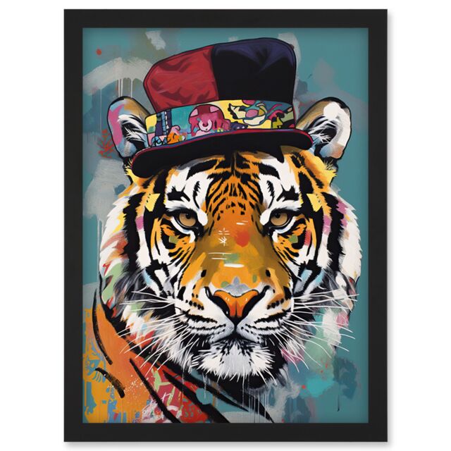 Artery8 Tiger Wearing Soft Felt Top Hat Modern Folk Art Artwork Framed Wall Art Print A4 in Black - image 1