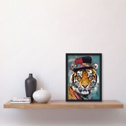 Artery8 Tiger Wearing Soft Felt Top Hat Modern Folk Art Artwork Framed Wall Art Print A4 in Black - thumbnail 2