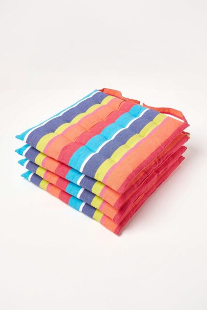 Homescapes 4 Pack Seat Pads Cotton Multi Striped Indoor Outdoor Garden Cushion, 40cm - Size: 40 cm x 40 cm - image 1