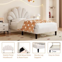 Matteo Beige Velvet Single Bed Frame with Adjustable Petal Headboard & Sturdy Slats - thumbnail 5