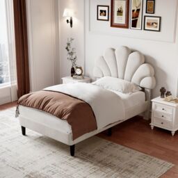 Matteo Beige Velvet Single Bed Frame with Adjustable Petal Headboard & Sturdy Slats - thumbnail 4