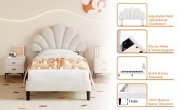Matteo Beige Velvet Single Bed Frame with Adjustable Petal Headboard & Sturdy Slats - thumbnail 9
