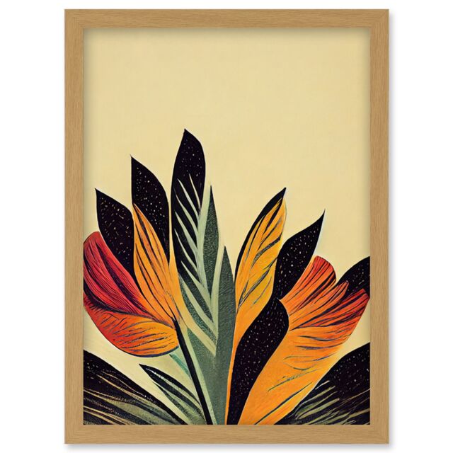 Artery8 Abstract Retro Art Nouveau Flowers in Bloom Black Gold Artwork Framed Wall Art Print A4 in Light Oak - image 1
