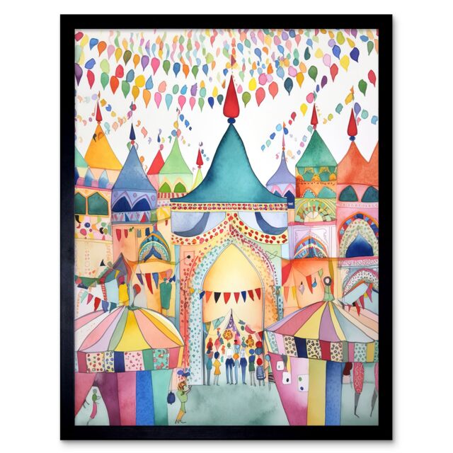 "Artery8 Wall Art Print Festival Folk Art Watercolour Painting Art Framed in Black - Size: W12"" x H16""" - image 1